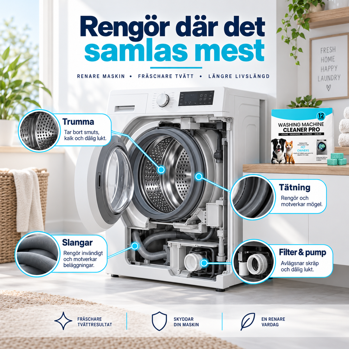 Cleaning tablets for washing machines - against dirt, odors, limescale and animal hair