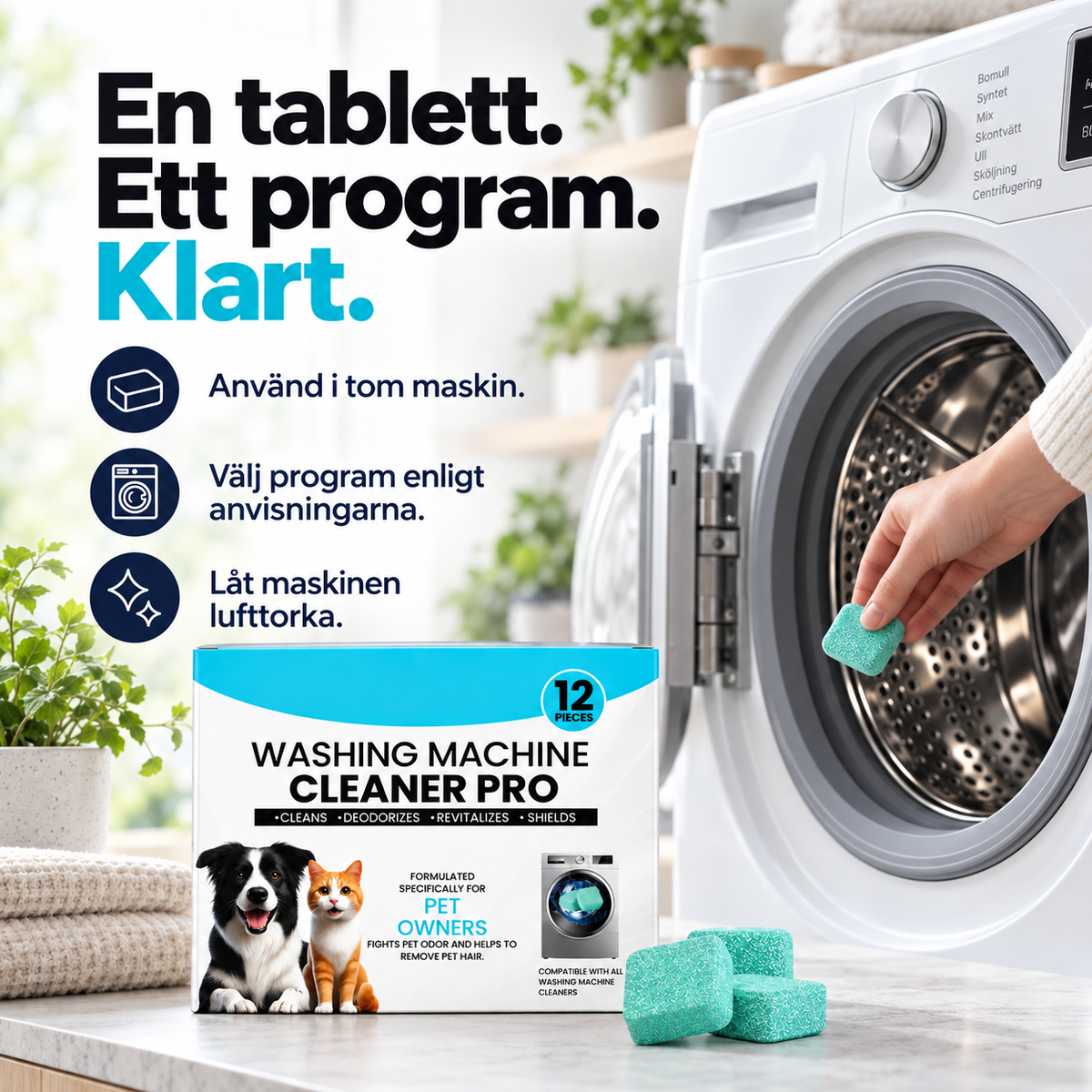 Cleaning tablets for washing machines - against dirt, odors, limescale and animal hair